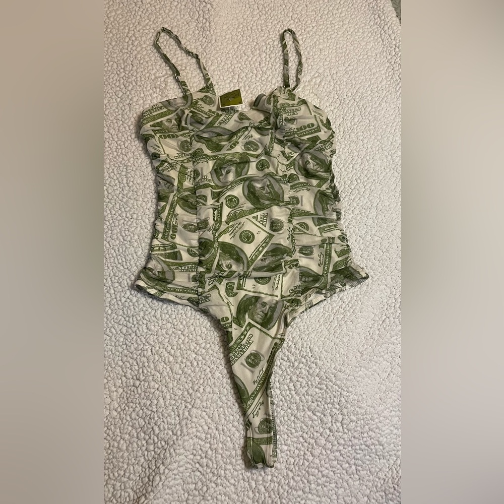 Ben Franklin dollar bill mesh bodysuit—-NWT